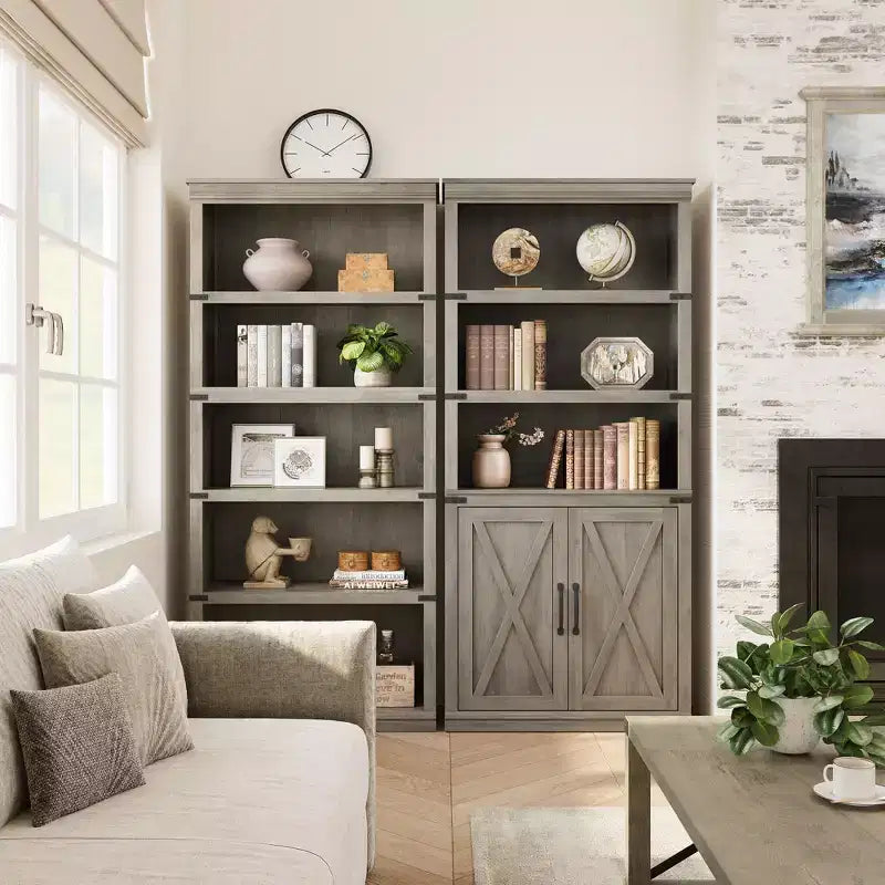Libreria a colonna in stile rustico con anta, Scaffale a 5 ripiani in legno con contenitore, Scaffale espositivo alto 174,5 cm per soggiorno, ufficio