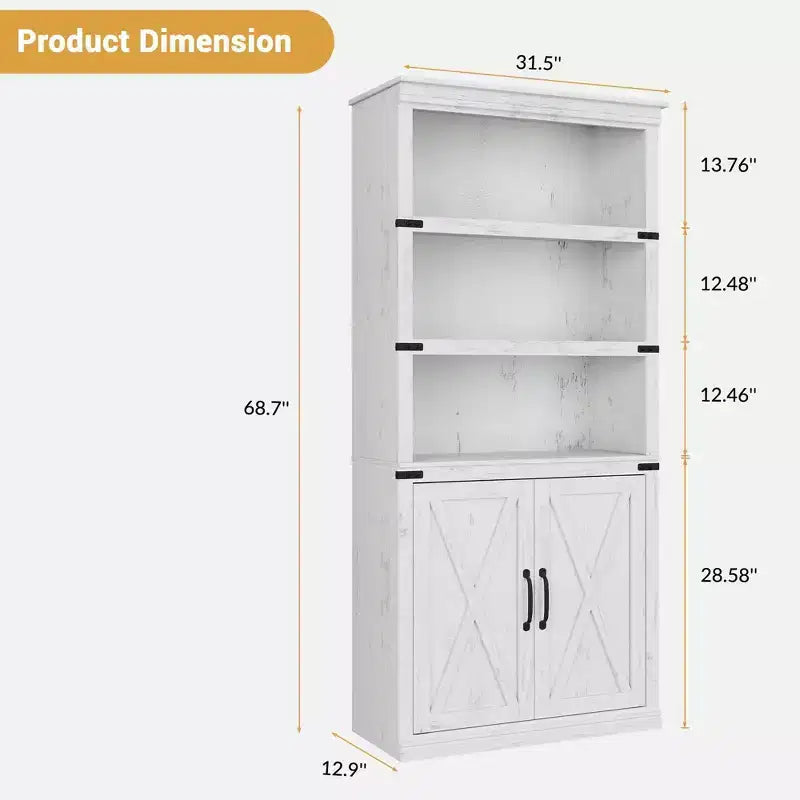 Libreria a colonna in stile rustico con anta, Scaffale a 5 ripiani in legno con contenitore, Scaffale espositivo alto 174,5 cm per soggiorno, ufficio