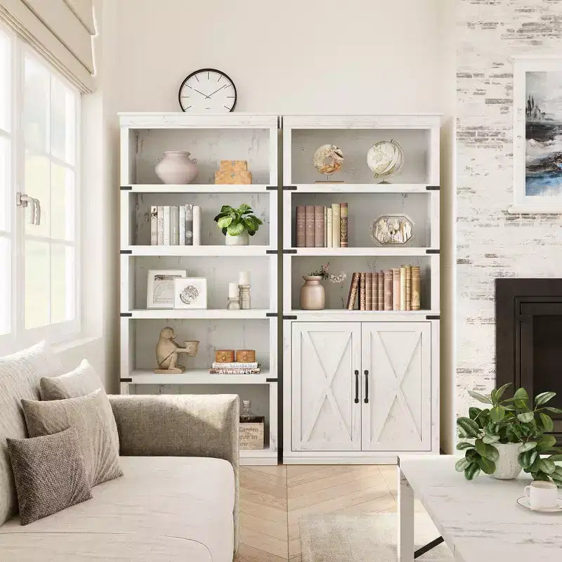 Libreria a colonna in stile rustico con anta, Scaffale a 5 ripiani in legno con contenitore, Scaffale espositivo alto 174,5 cm per soggiorno, ufficio