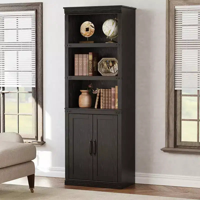 Libreria a colonna in stile rustico con anta, Scaffale a 5 ripiani in legno con contenitore, Scaffale espositivo alto 174,5 cm per soggiorno, ufficio