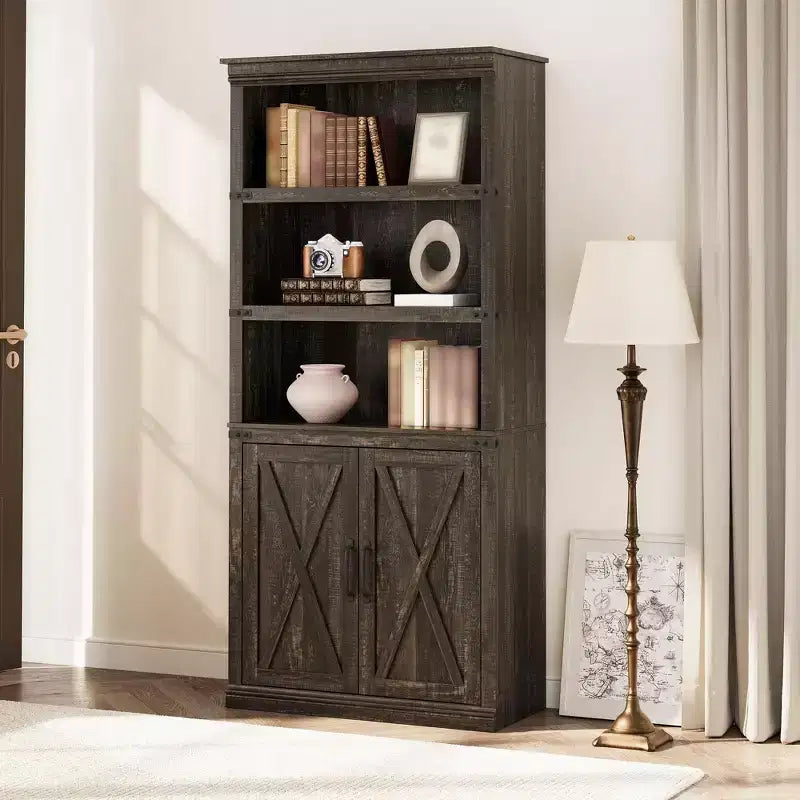Libreria a colonna in stile rustico con anta, Scaffale a 5 ripiani in legno con contenitore, Scaffale espositivo alto 174,5 cm per soggiorno, ufficio