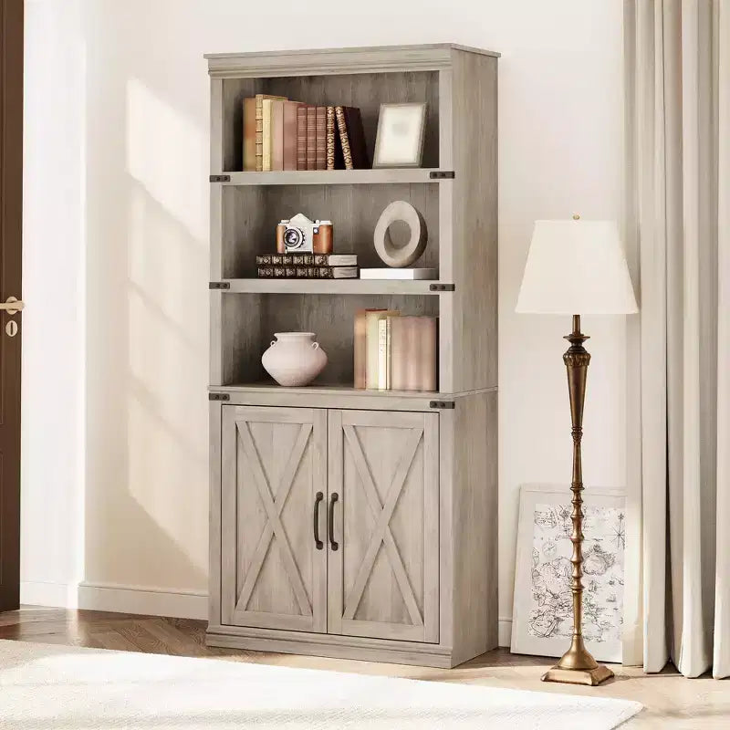 Libreria a colonna in stile rustico con anta, Scaffale a 5 ripiani in legno con contenitore, Scaffale espositivo alto 174,5 cm per soggiorno, ufficio