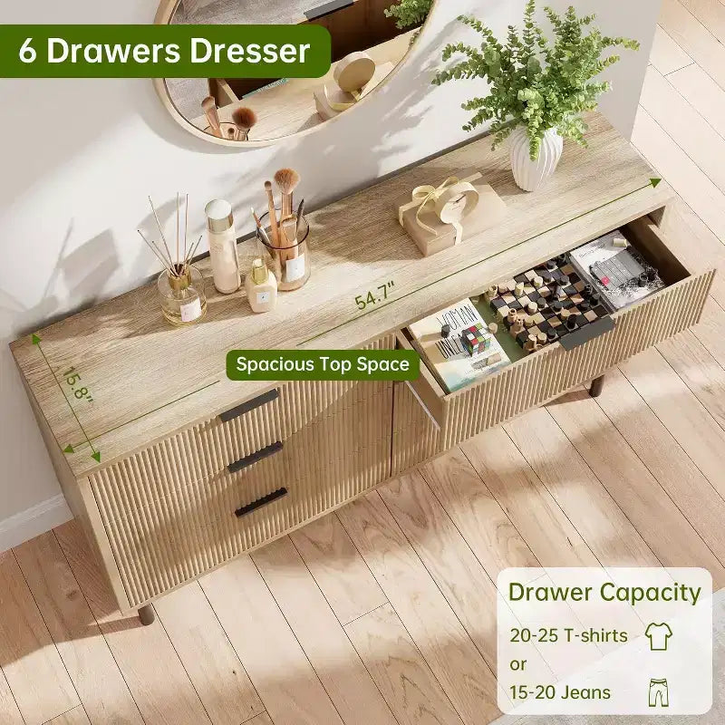 Cassettiera 59" a 6 Cassetti, Mobile Moderno Scanalato con Maniglie in Metallo, Contenitore in Legno per Camera da Letto/Soggiorno