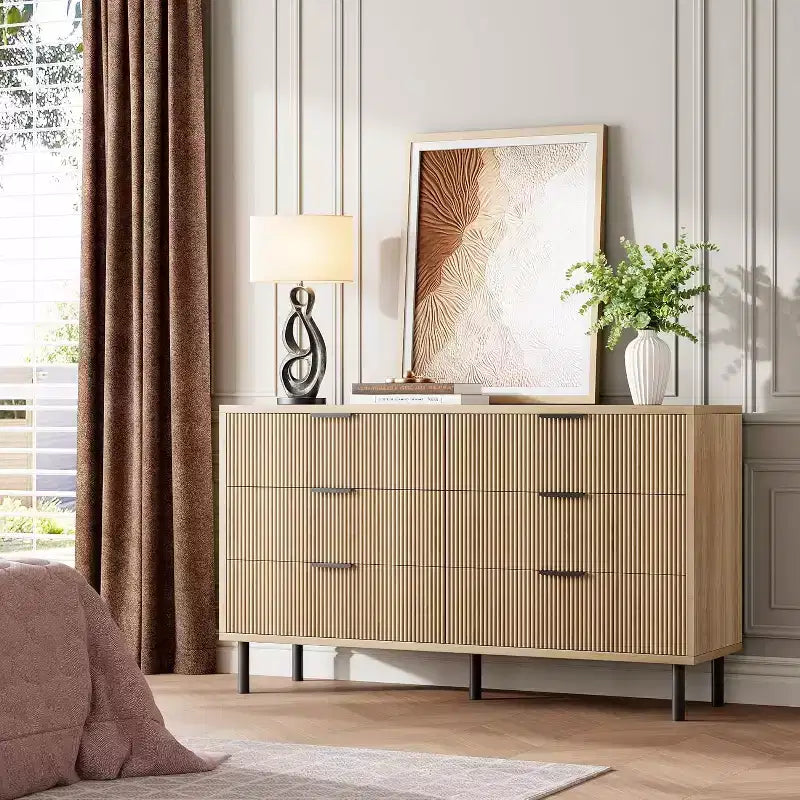 Cassettiera 59" a 6 Cassetti, Mobile Moderno Scanalato con Maniglie in Metallo, Contenitore in Legno per Camera da Letto/Soggiorno