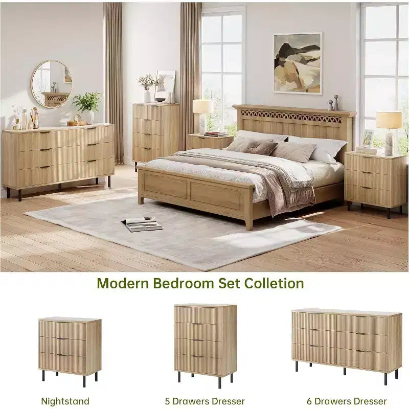Cassettiera 59" a 6 Cassetti, Mobile Moderno Scanalato con Maniglie in Metallo, Contenitore in Legno per Camera da Letto/Soggiorno