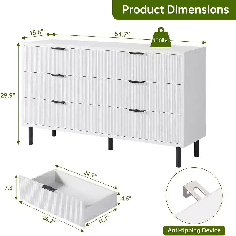 Cassettiera 59" a 6 Cassetti, Mobile Moderno Scanalato con Maniglie in Metallo, Contenitore in Legno per Camera da Letto/Soggiorno