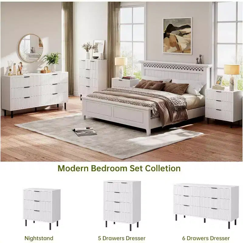 Cassettiera 59" a 6 Cassetti, Mobile Moderno Scanalato con Maniglie in Metallo, Contenitore in Legno per Camera da Letto/Soggiorno