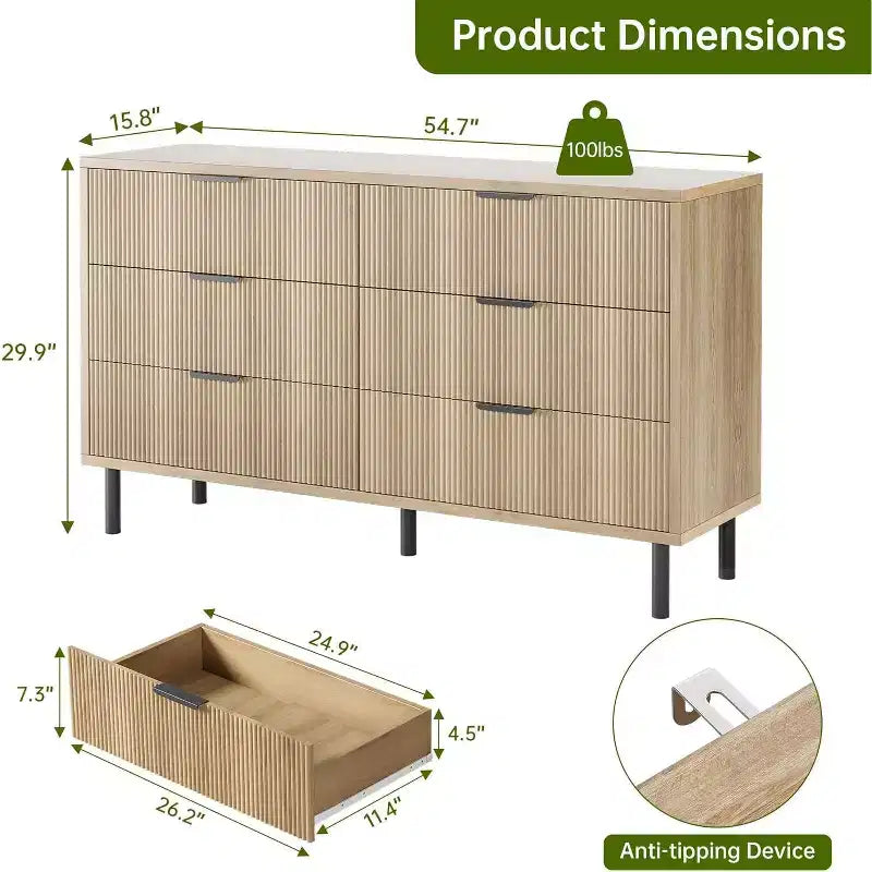 Cassettiera 59" a 6 Cassetti, Mobile Moderno Scanalato con Maniglie in Metallo, Contenitore in Legno per Camera da Letto/Soggiorno