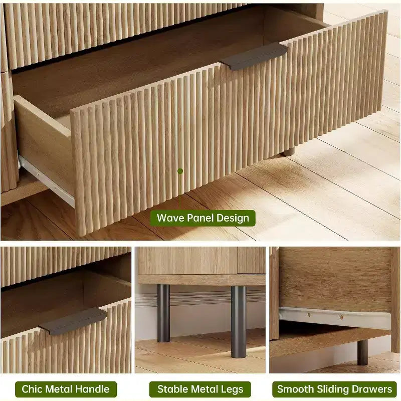 Cassettiera 59" a 6 Cassetti, Mobile Moderno Scanalato con Maniglie in Metallo, Contenitore in Legno per Camera da Letto/Soggiorno