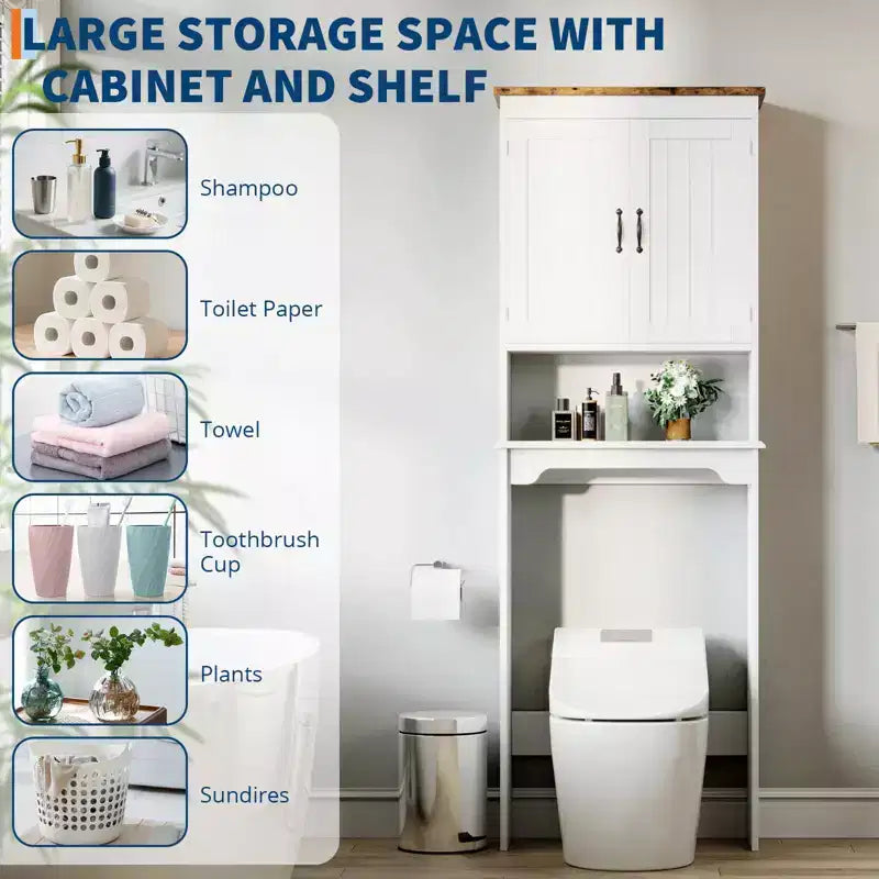 Mobiletto Salvaspazio Sopra il WC, Organizer Salvaspazio per Bagno da 167 cm con Doppie Ante e Ripiani Regolabili, Scaffale per WC Autoportante