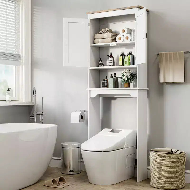 Mobiletto Salvaspazio Sopra il WC, Organizer Salvaspazio per Bagno da 167 cm con Doppie Ante e Ripiani Regolabili, Scaffale per WC Autoportante
