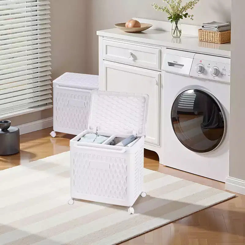 Cesto portabiancheria con ruote e coperchio, cesto portabiancheria in plastica con manico, cesto portabiancheria su ruote per lavanderia o bagno, bianco