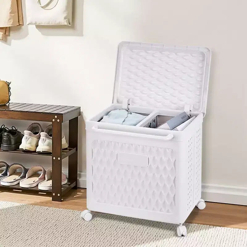 Cesto portabiancheria con ruote e coperchio, cesto portabiancheria in plastica con manico, cesto portabiancheria su ruote per lavanderia o bagno, bianco