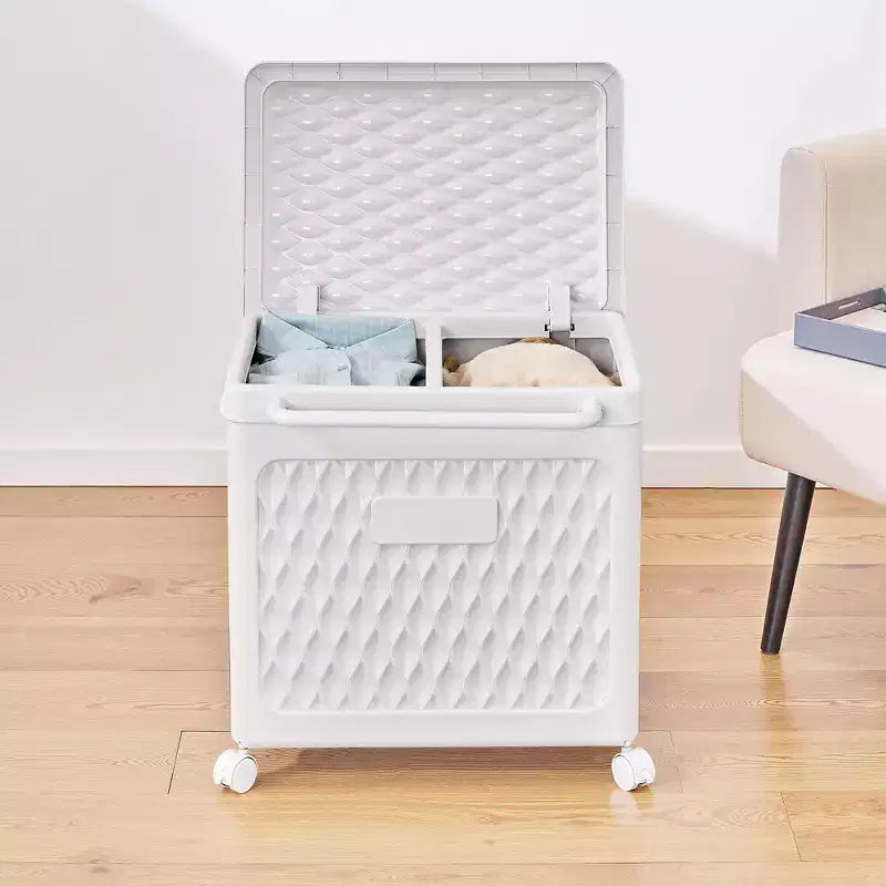 Cesto portabiancheria con ruote e coperchio, cesto portabiancheria in plastica con manico, cesto portabiancheria su ruote per lavanderia o bagno, bianco