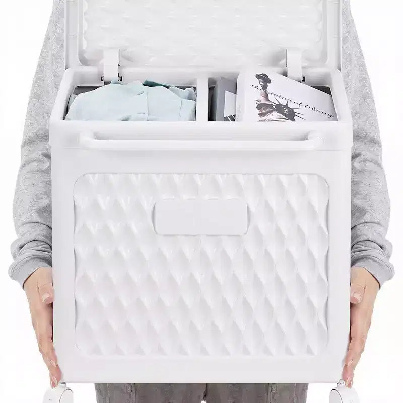 Cesto portabiancheria con ruote e coperchio, cesto portabiancheria in plastica con manico, cesto portabiancheria su ruote per lavanderia o bagno, bianco