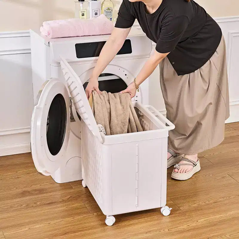 Cesto portabiancheria con ruote e coperchio, cesto portabiancheria in plastica con manico, cesto portabiancheria su ruote per lavanderia o bagno, bianco