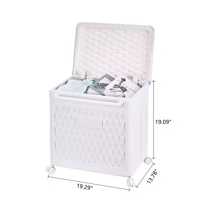 Cesto portabiancheria con ruote e coperchio, cesto portabiancheria in plastica con manico, cesto portabiancheria su ruote per lavanderia o bagno, bianco