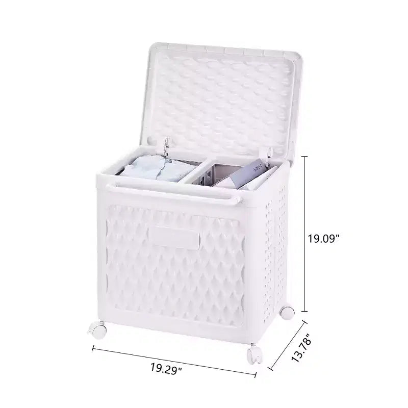 Cesto portabiancheria con ruote e coperchio, cesto portabiancheria in plastica con manico, cesto portabiancheria su ruote per lavanderia o bagno, bianco