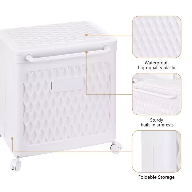 Cesto portabiancheria con ruote e coperchio, cesto portabiancheria in plastica con manico, cesto portabiancheria su ruote per lavanderia o bagno, bianco
