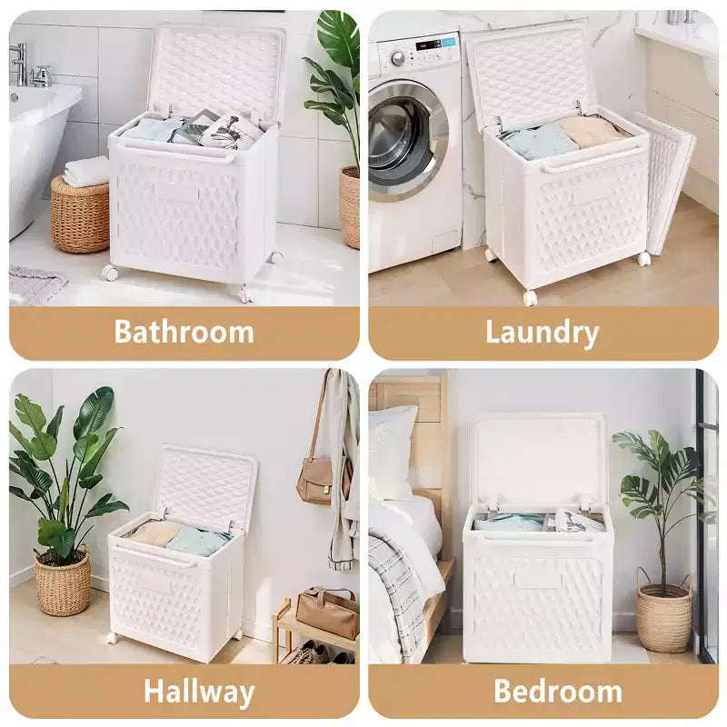 Cesto portabiancheria con ruote e coperchio, cesto portabiancheria in plastica con manico, cesto portabiancheria su ruote per lavanderia o bagno, bianco