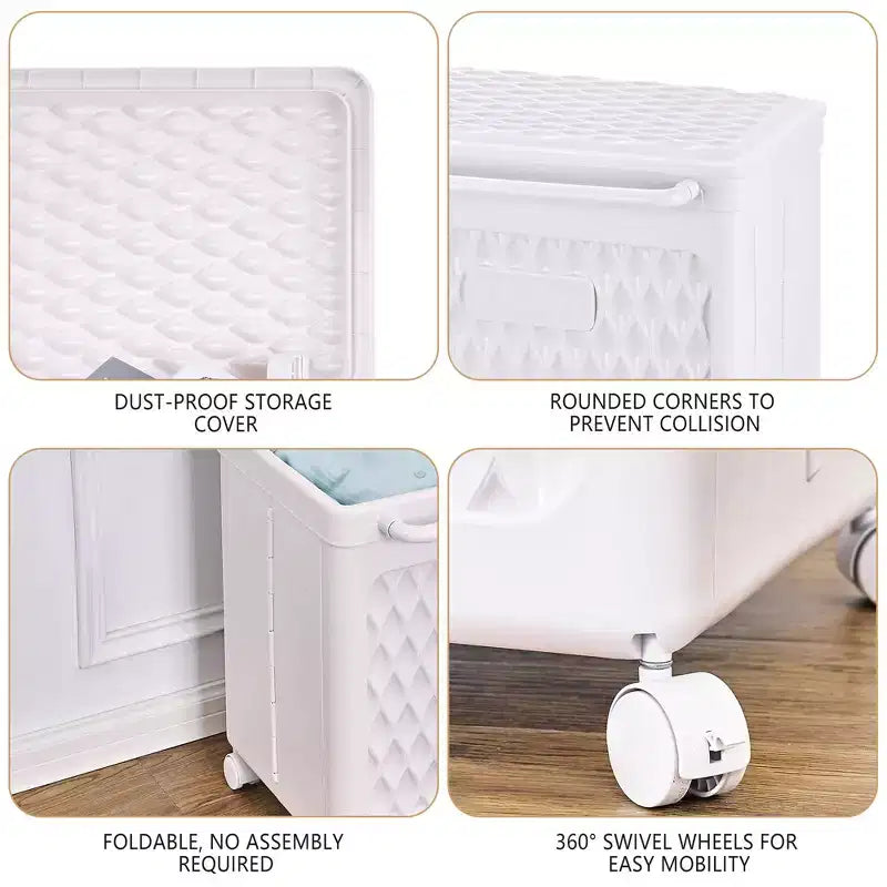 Cesto portabiancheria con ruote e coperchio, cesto portabiancheria in plastica con manico, cesto portabiancheria su ruote per lavanderia o bagno, bianco
