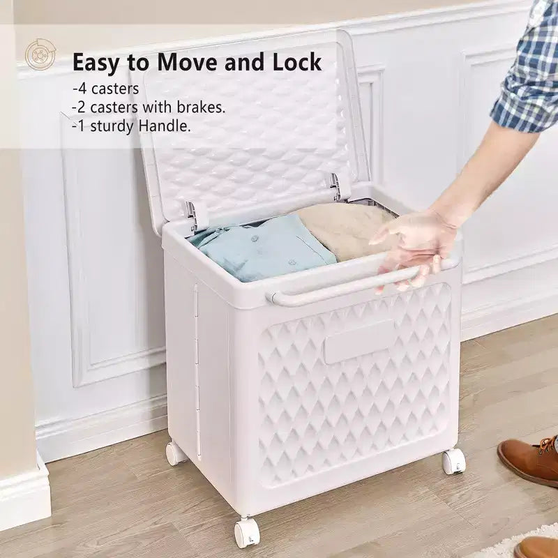 Cesto portabiancheria con ruote e coperchio, cesto portabiancheria in plastica con manico, cesto portabiancheria su ruote per lavanderia o bagno, bianco