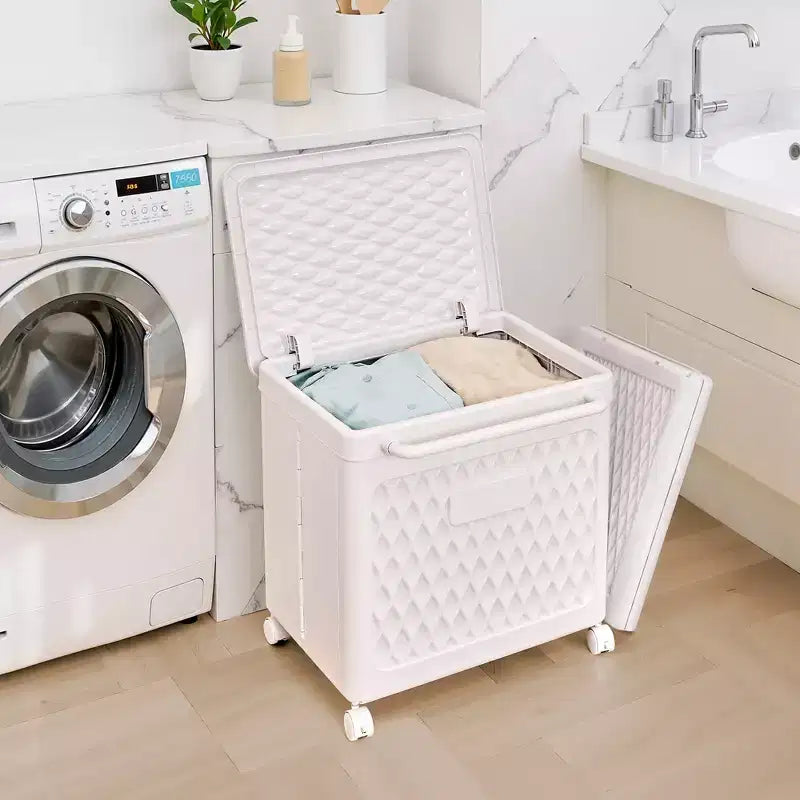 Cesto portabiancheria con ruote e coperchio, cesto portabiancheria in plastica con manico, cesto portabiancheria su ruote per lavanderia o bagno, bianco