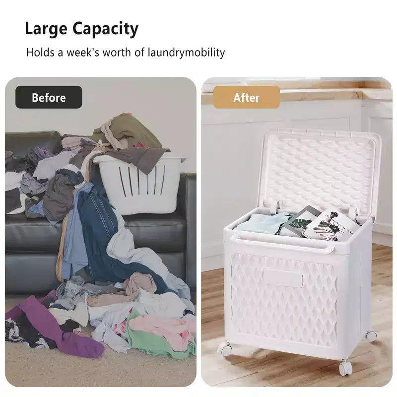 Cesto portabiancheria con ruote e coperchio, cesto portabiancheria in plastica con manico, cesto portabiancheria su ruote per lavanderia o bagno, bianco