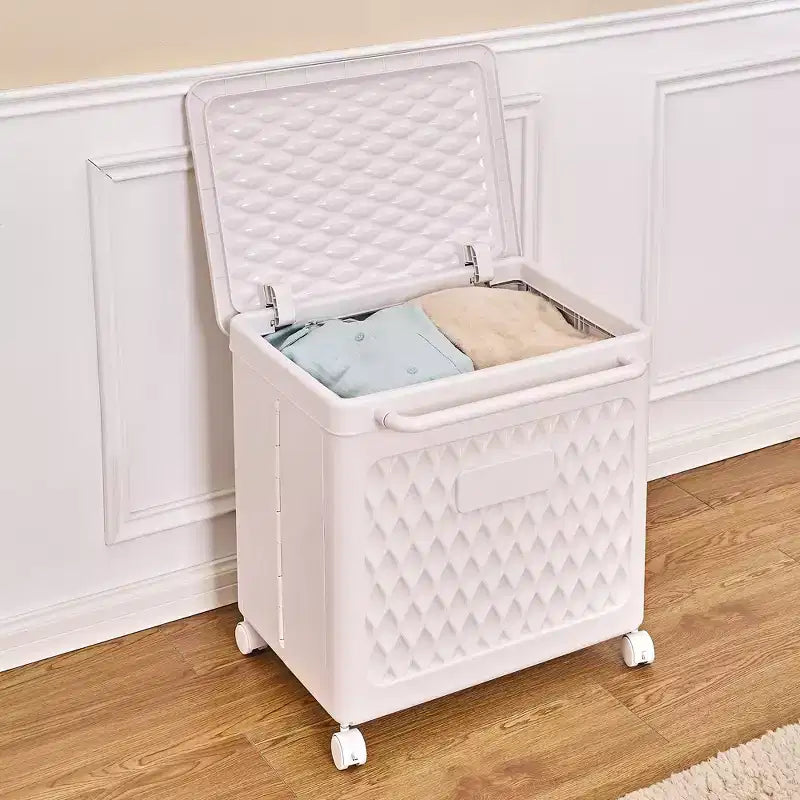 Cesto portabiancheria con ruote e coperchio, cesto portabiancheria in plastica con manico, cesto portabiancheria su ruote per lavanderia o bagno, bianco