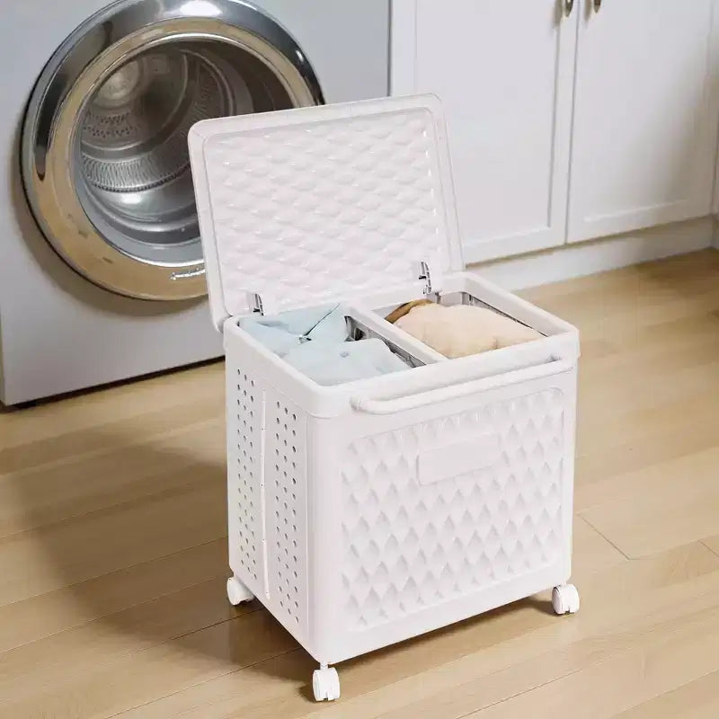 Cesto portabiancheria con ruote e coperchio, cesto portabiancheria in plastica con manico, cesto portabiancheria su ruote per lavanderia o bagno, bianco