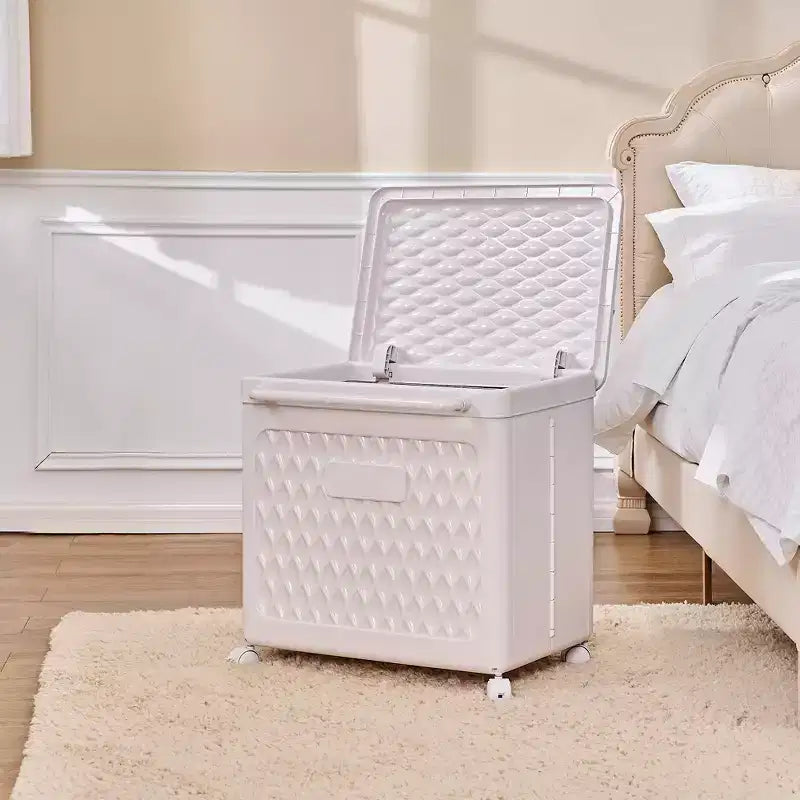 Cesto portabiancheria con ruote e coperchio, cesto portabiancheria in plastica con manico, cesto portabiancheria su ruote per lavanderia o bagno, bianco