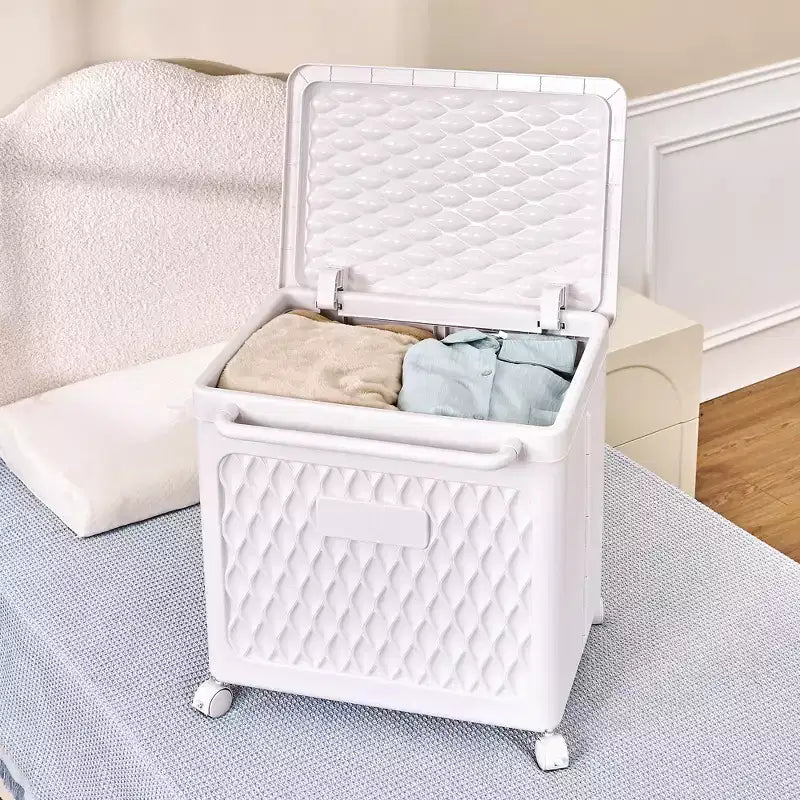 Cesto portabiancheria con ruote e coperchio, cesto portabiancheria in plastica con manico, cesto portabiancheria su ruote per lavanderia o bagno, bianco