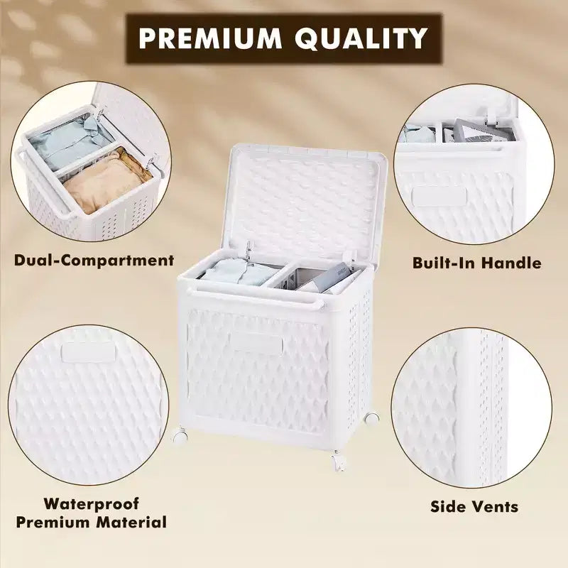 Cesto portabiancheria con ruote e coperchio, cesto portabiancheria in plastica con manico, cesto portabiancheria su ruote per lavanderia o bagno, bianco