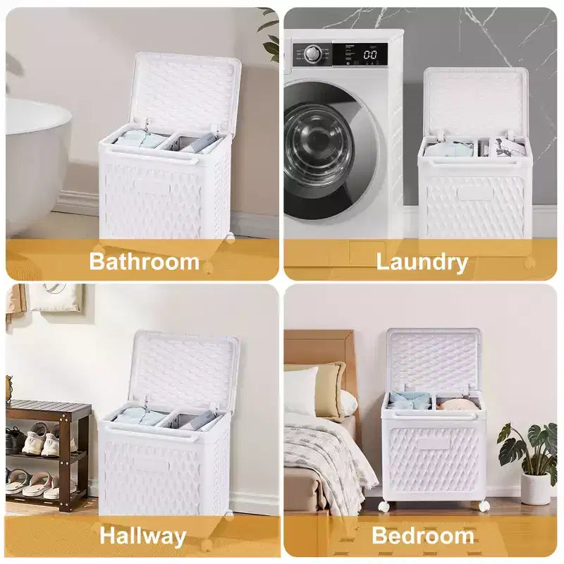 Cesto portabiancheria con ruote e coperchio, cesto portabiancheria in plastica con manico, cesto portabiancheria su ruote per lavanderia o bagno, bianco
