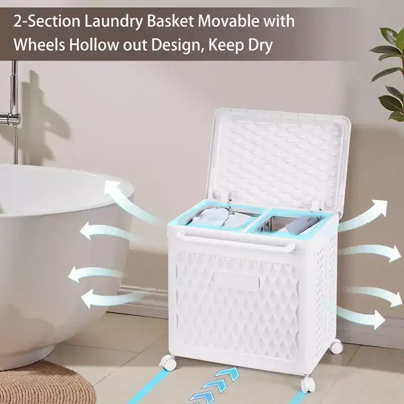 Cesto portabiancheria con ruote e coperchio, cesto portabiancheria in plastica con manico, cesto portabiancheria su ruote per lavanderia o bagno, bianco