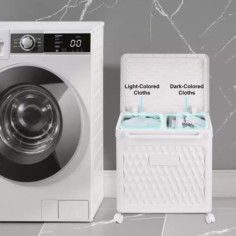 Cesto portabiancheria con ruote e coperchio, cesto portabiancheria in plastica con manico, cesto portabiancheria su ruote per lavanderia o bagno, bianco
