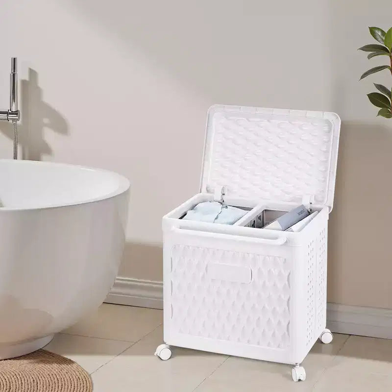 Cesto portabiancheria con ruote e coperchio, cesto portabiancheria in plastica con manico, cesto portabiancheria su ruote per lavanderia o bagno, bianco