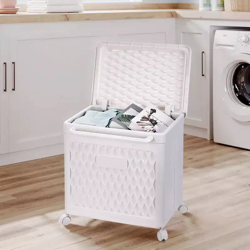 Cesto portabiancheria con ruote e coperchio, cesto portabiancheria in plastica con manico, cesto portabiancheria su ruote per lavanderia o bagno, bianco