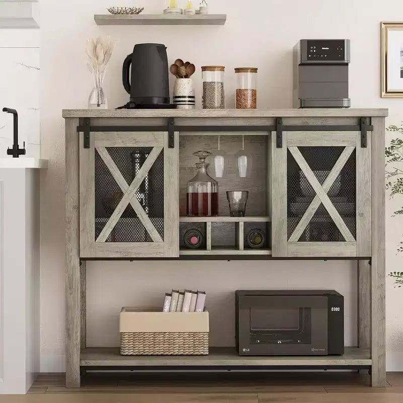 Mobile Bar da Fattoria con Porta Bicchieri da Vino - Madia a Credenza con Anta Scorrevole per Cucina, Sala da Pranzo e Soggiorno