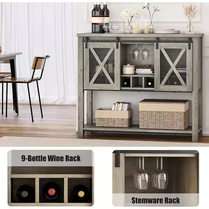Mobile Bar da Fattoria con Porta Bicchieri da Vino - Madia a Credenza con Anta Scorrevole per Cucina, Sala da Pranzo e Soggiorno