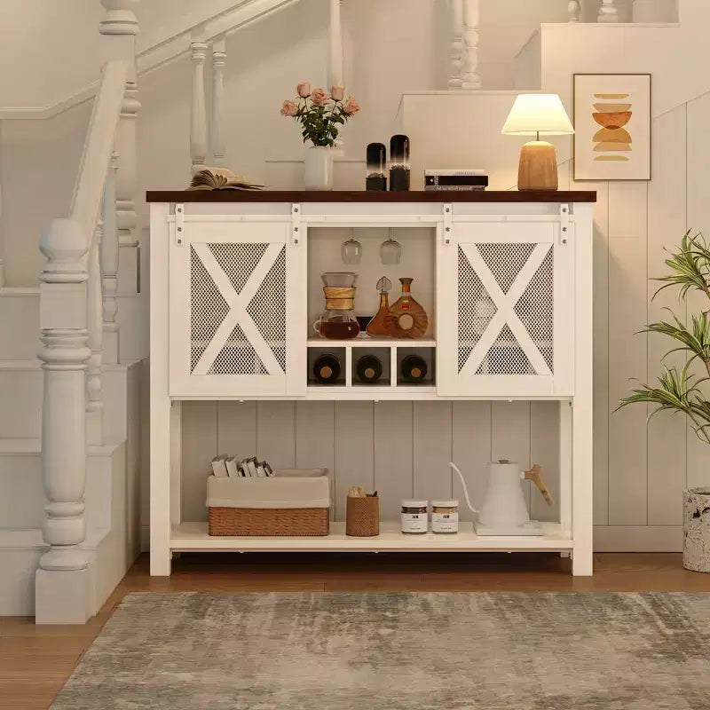 Mobile Bar da Fattoria con Porta Bicchieri da Vino - Madia a Credenza con Anta Scorrevole per Cucina, Sala da Pranzo e Soggiorno