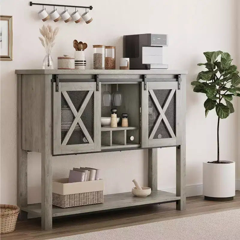 Mobile Bar da Fattoria con Porta Bicchieri da Vino - Madia a Credenza con Anta Scorrevole per Cucina, Sala da Pranzo e Soggiorno