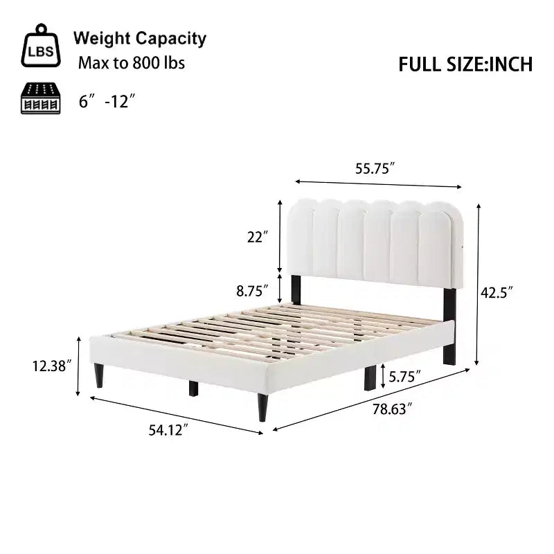 Letto imbottito in boucle moderno in legno di gomma con luce e testiera a petalo
