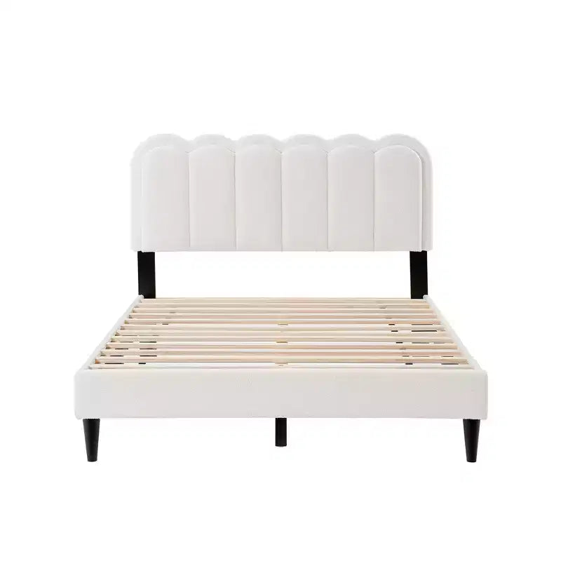 Letto imbottito in boucle moderno in legno di gomma con luce e testiera a petalo