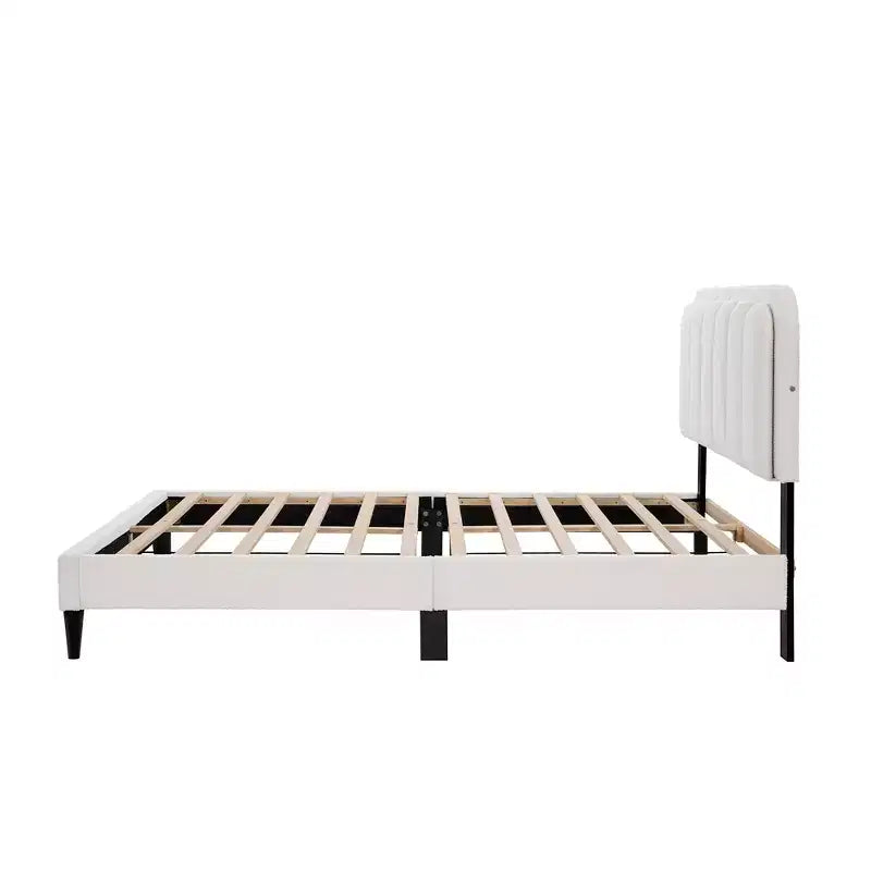 Letto imbottito in boucle moderno in legno di gomma con luce e testiera a petalo