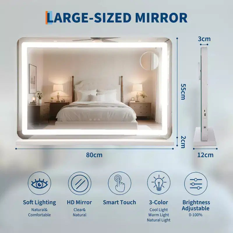 Specchio per Trucco da Tavolo Grande LED 30x20, Specchio con Luci, Specchio Illuminato con Ingrandimento 10X e, 3 Modalità Dimmerabili, Controllo Touch