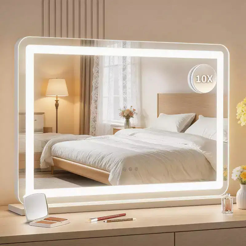 Specchio per Trucco da Tavolo Grande LED 30x20, Specchio con Luci, Specchio Illuminato con Ingrandimento 10X e, 3 Modalità Dimmerabili, Controllo Touch