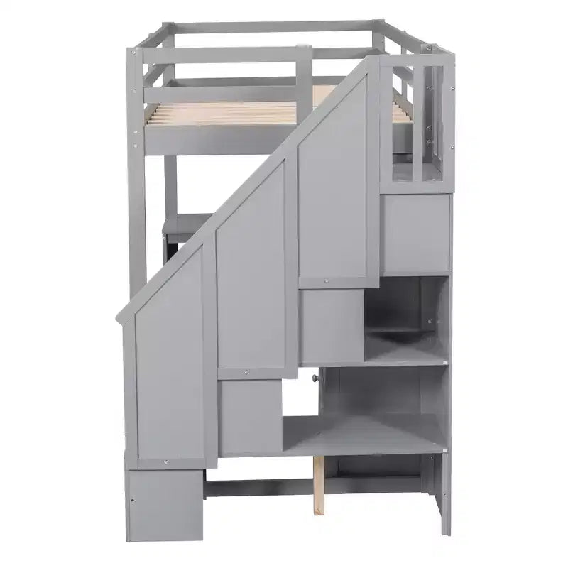 Letto a soppalco singolo con scrivania a L e scala contenitore, struttura a soppalco alta in legno con cassetti e armadietto per camera da letto e dormitorio
