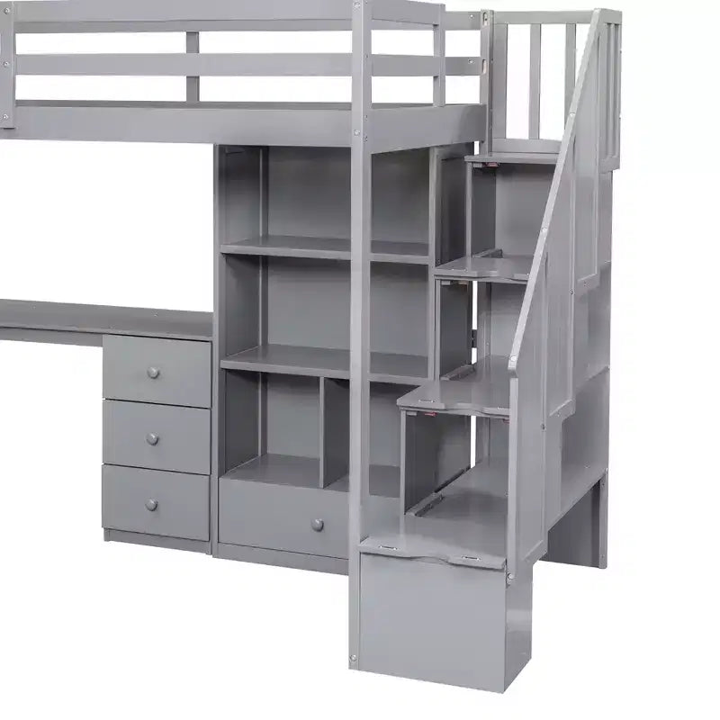 Letto a soppalco singolo con scrivania a L e scala contenitore, struttura a soppalco alta in legno con cassetti e armadietto per camera da letto e dormitorio