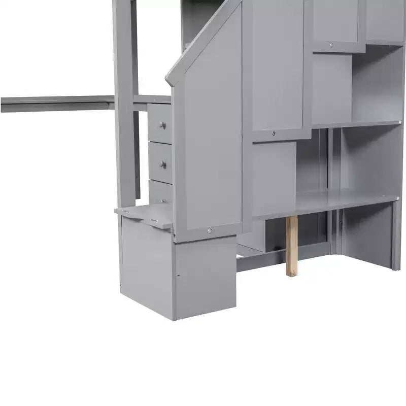 Letto a soppalco singolo con scrivania a L e scala contenitore, struttura a soppalco alta in legno con cassetti e armadietto per camera da letto e dormitorio